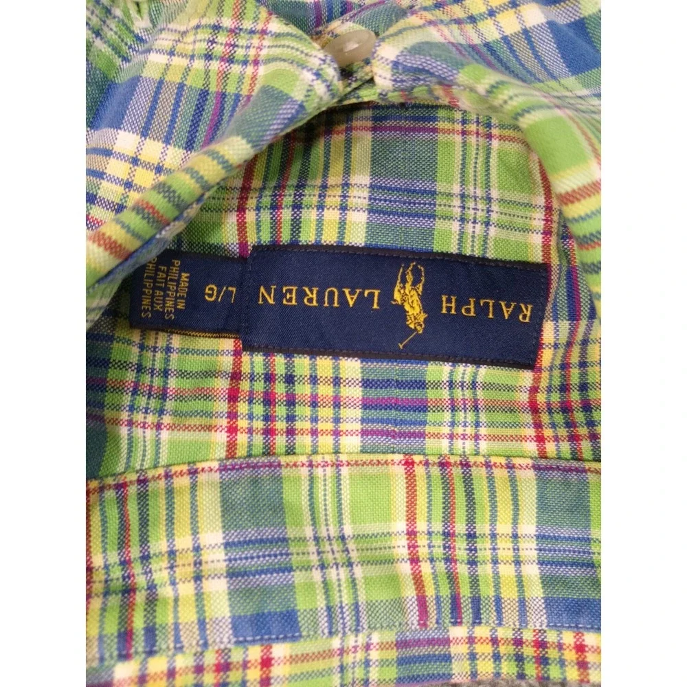 Ralph Lauren Girls Plaid Button Down Shirt Green Blue Pony Logo Size 7